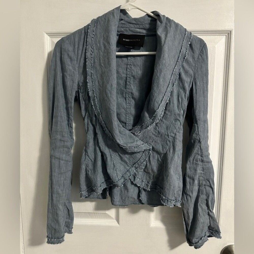 BCBG Maxazria 75% Linen Chambray Snap Tie Front Short Jacket Rough Hem XS